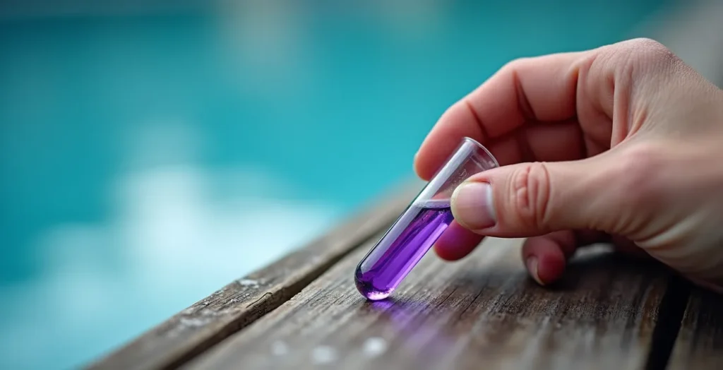 Main tenant un tube de test colorimétrique pour analyse d'eau de piscine Main tenant un tube de test colorimétrique pour analyse d'eau de piscine