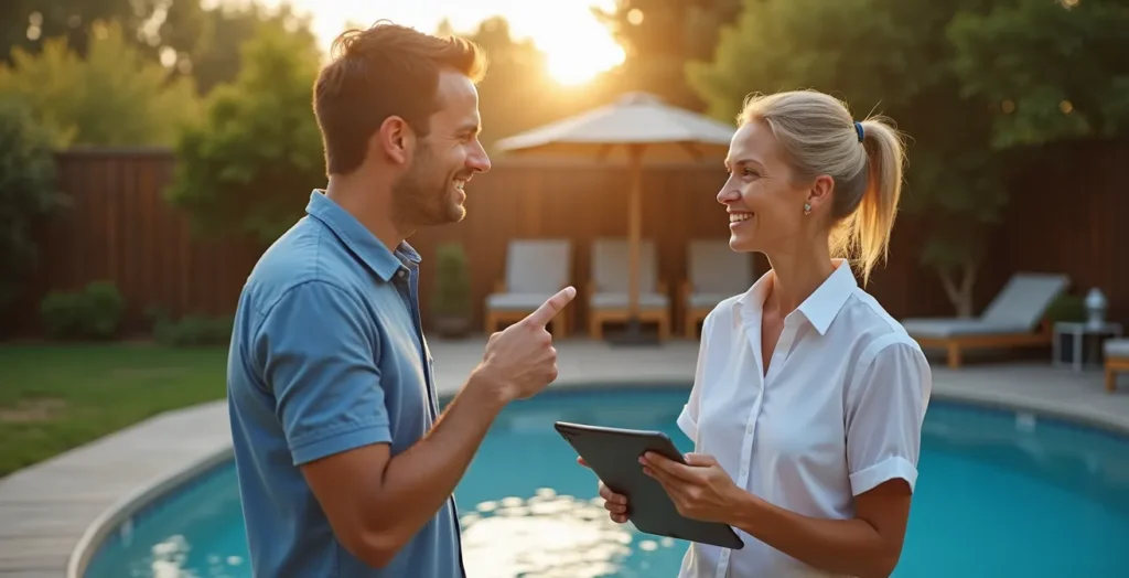 Technicien expliquant les options d'équipement à un propriétaire près d'une piscine bois Technicien expliquant les options d'équipement à un propriétaire près d'une piscine bois